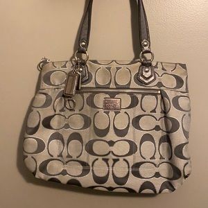 Gray and silver shimmer coach shoulder bag